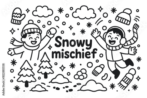 Snowy Mischief Doodle. Snowy mischief. Hand-drawn doodle illustration of snowy mischief. Kids laughing, flying