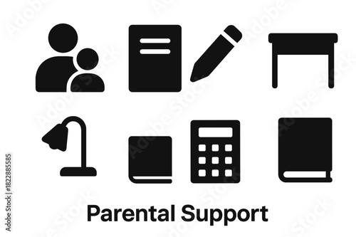 Parental Support Icons. Parental Support. Filled icon set of Parental Support: parent, child, notebook, pencil