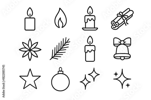 Christmas Candle Icons. Christmas Candle Collection. Line outline icon set of Christmas Candle Collection: lit