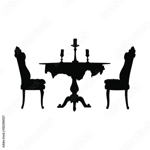 A silhouette of a table with two chairs and a candelabra is shown against a white background.