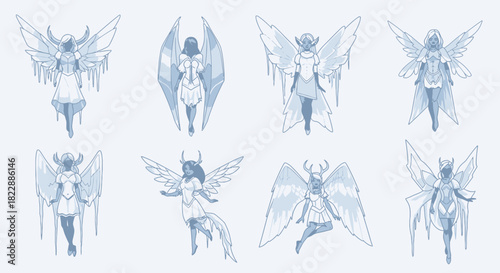 Eight ethereal ice angels with wings, each in a unique pose and design.