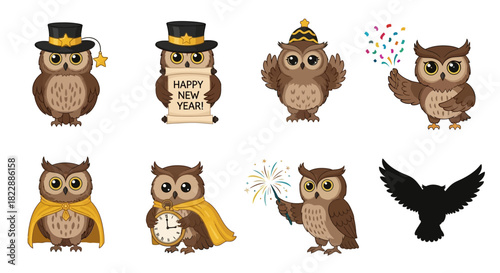 A collection of cute cartoon owls celebrating New Year's Eve with party hats, clocks, and confetti.