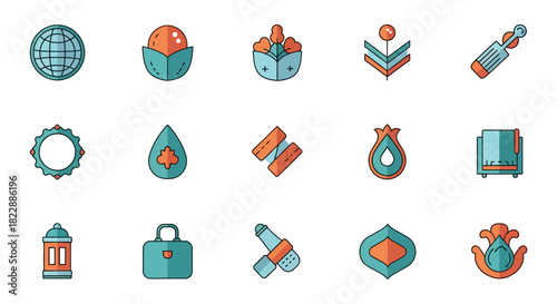 A diverse collection of modern flat icons featuring cultural, global, and business symbols in a teal and orange palette.