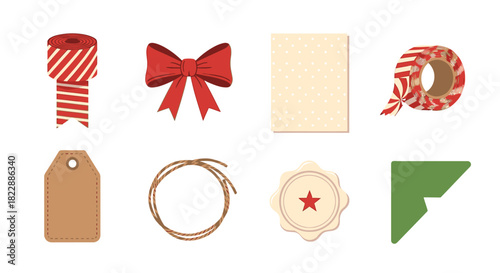 Collection of various gift wrapping and crafting supplies including ribbons, bows, tags, twine, paper, and decorative elements.