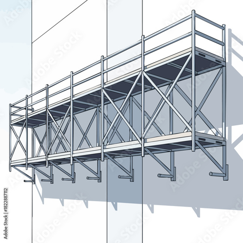 A modern metal scaffolding structure is securely mounted on a building's facade, illustrating temporary access for construction, maintenance, or repair work.