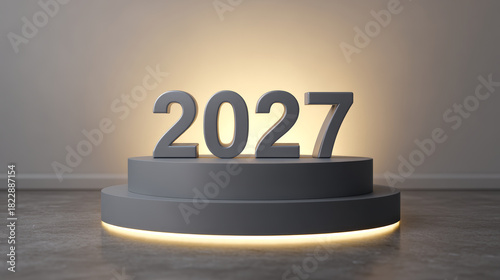 Fototapeta Naklejka Na Ścianę i Meble -  2027 futuristic illuminated podium modern minimal glowing stage empty spotlight abstract concept celebration new year event background number light elegant clean design 3d rendering gray circular