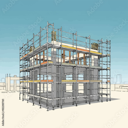 A modern multi-story building under active construction, featuring extensive scaffolding and a clear sky, symbolizing progress and urban development.