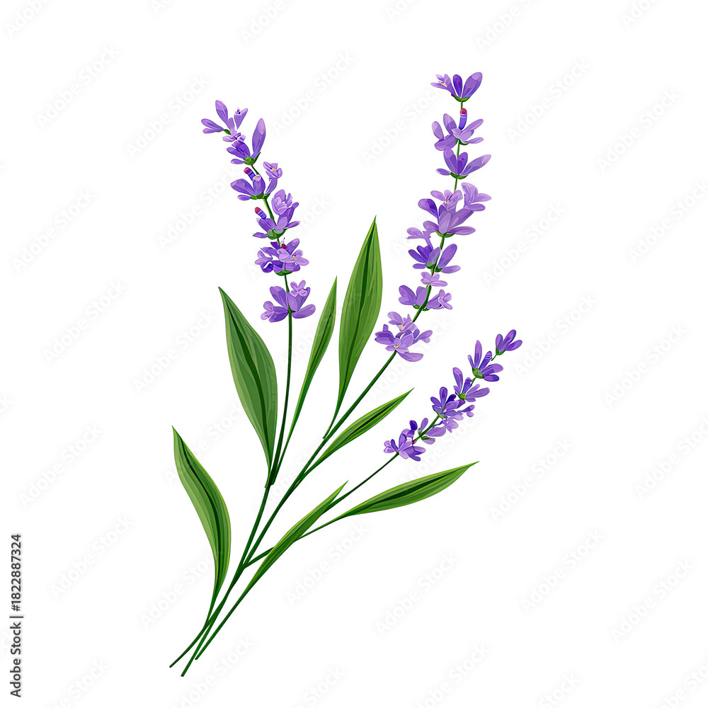 Fototapeta premium Elegant lavender sprigs with vibrant purple flowers and lush green leaves, perfect for adding a touch of natural beauty to wedding invitations and spa designs