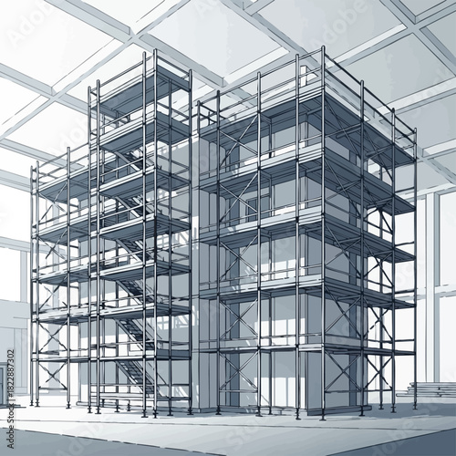 An intricate, detailed illustration showcases a multi-level temporary scaffolding structure, highlighting essential construction frameworks and architectural planning.
