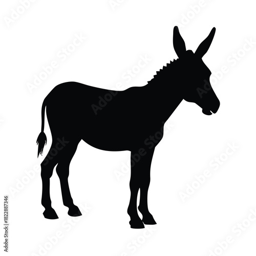 A black silhouette of a donkey stands on a white background.