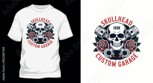 Skullhead custom garage vector illustration with piston and roses