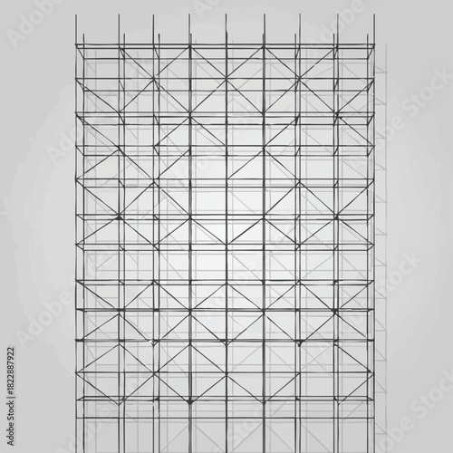 A detailed wireframe illustration of a large, modern scaffolding structure, showcasing its intricate grid pattern and robust construction framework against a clean background.