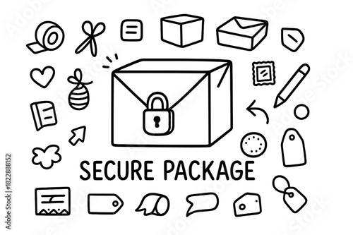Secure Package Design. Secure Package. Hand-drawn doodle illustration of Secure Package. In the middle, one