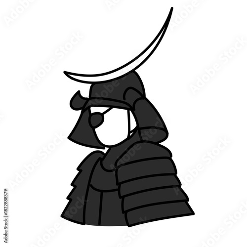 三日月形の前立て兜を身に着けた武将を描いた和風シルエットイラスト｜戦国時代の武具や文化の象徴性を補足して雰囲気を伝える独立シルエット素材