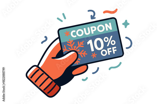 Festive Coupon Design. Hand holding a coupon with snowflake design. A cozy gloved hand holding a festive