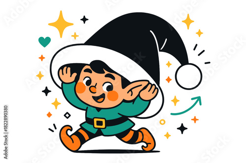 Playful Elf Delight. Cheeky elf. Tiny elf struggling under a huge floppy holiday hat, rosy cheeks and