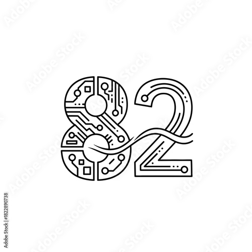 Number 82 with circuit board design and wavy line.