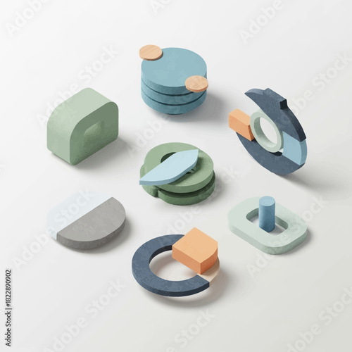 Colorful geometric stacking toys arranged in a circle on a white background.