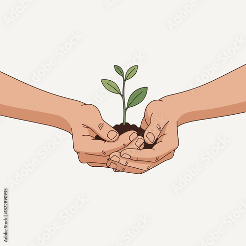Hands holding soil with a small plant growing.