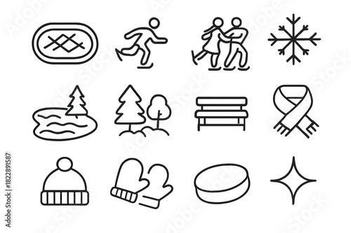 Holiday Ice Skating Icons. Holiday Ice Skaters. Line outline icon set of Holiday Ice Skaters: ice rink, skater
