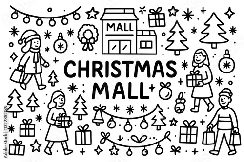Festive Mall Doodle. Christmas mall. Hand-drawn doodle illustration of Christmas mall. Mall building, string