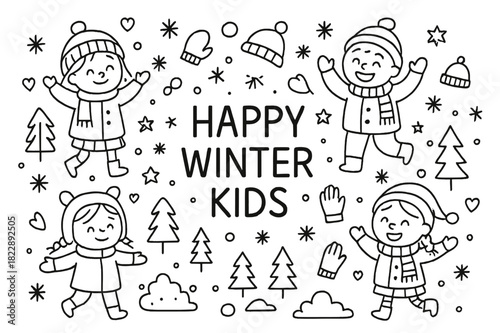 Happy Winter Kids. Happy winter kids. Hand-drawn doodle illustration of Happy winter kids. children,