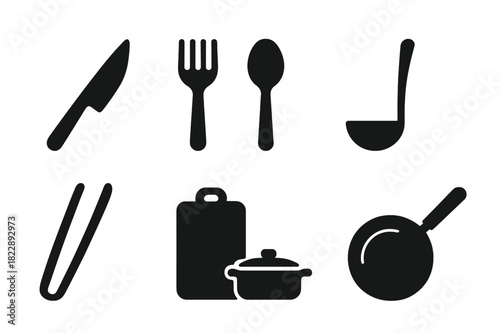 Kitchen Utensil Icons. Kitchen utensils. Filled icon set of kitchen utensils: knife, fork, spoon, ladle, tongs