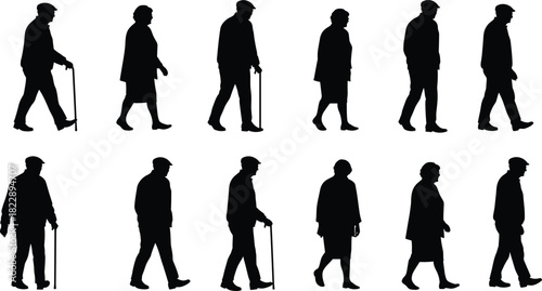 Elderly people walking silhouette, senior men and women with canes, aging lifestyle, retirement concept, active old age illustration art.Elderly people walking silhouette, senior men and women with 