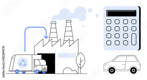 Recycling truck unloading at factory, emissions from chimneys, calculator for measuring eco footprint, parked car. Ideal for sustainability, recycling, eco-awareness, environmental strategy, carbon
