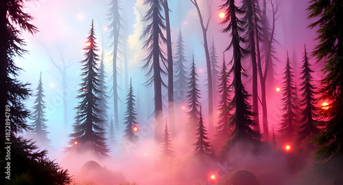Enchanted Misty Forest With Magical Glowing Lights.