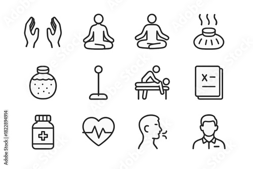 Recovery Wellness Icons. Recovery and wellness icons. Line outline icon set of recovery and wellness icons: