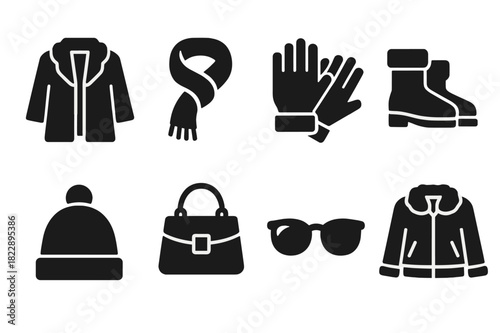 Winter Outfit Icons. Winter outfit details. Filled icon set of winter outfit details: fur coat, scarf, gloves,