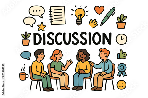 Creative Peer Interaction. Peer discussion. Hand-drawn doodle illustration of peer discussion. People, chairs,