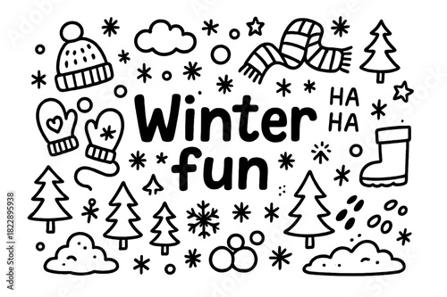 Winter Fun Doodle. Winter fun. Hand-drawn doodle illustration of winter fun. Snowflakes, snowballs, mittens,