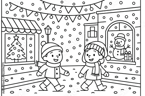 Snowy Street Coloring Page. Festive street evening children?s coloring book illustration, outlined drawing,
