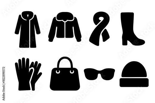 Chic Winter Icon Set. Chic winter wardrobe. Filled icon set of chic winter wardrobe: long fur coat, short fur