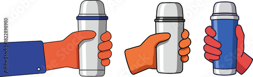 Hands holding insulated beverage containers on a transparent background, showcasing different colors and designs, perfect for outdoor and indoor use, ideal for drinks on the go