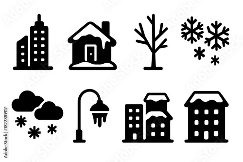 Frosty City Icons. Frosty cityscape. Filled icon set of frosty cityscape: skyscrapers, snow-covered rooftops,