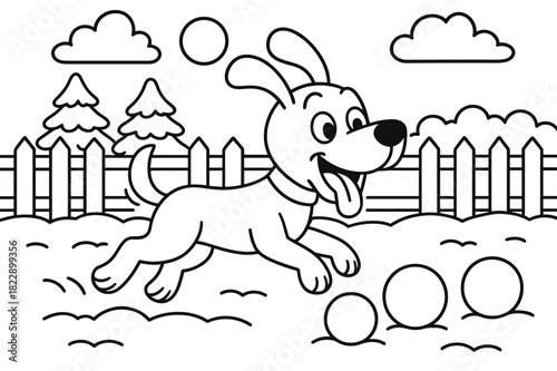 Snowy Dog Chase. Snow chase scene children?s coloring book illustration, outlined drawing, dog chasing