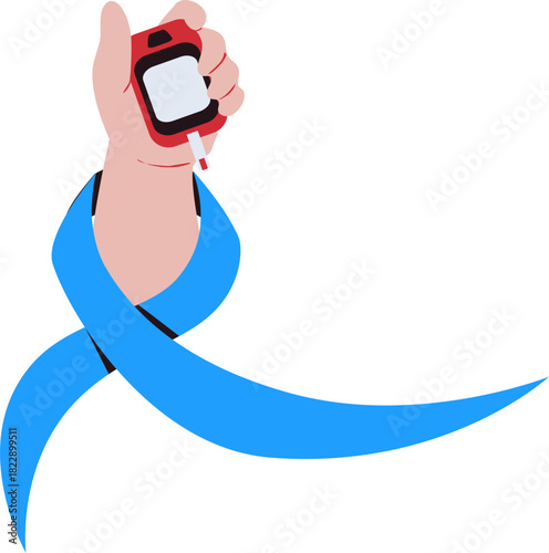 Diabetes test illustration. Checking blood sugar level with glucometer. World Diabetes Day.