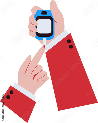 Diabetes test illustration. Checking blood sugar level with glucometer. World Diabetes Day.