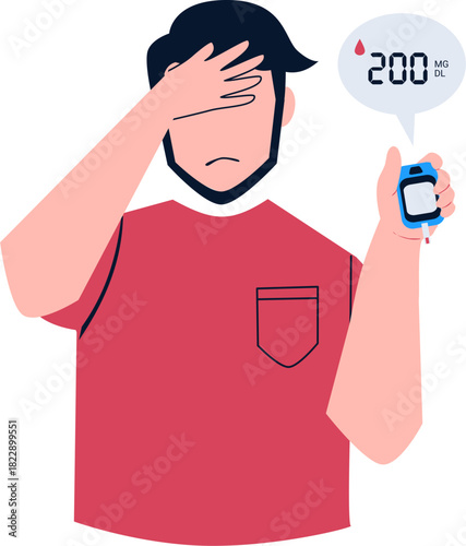 Diabetes test illustration. Checking blood sugar level with glucometer. World Diabetes Day. High blood sugar person 