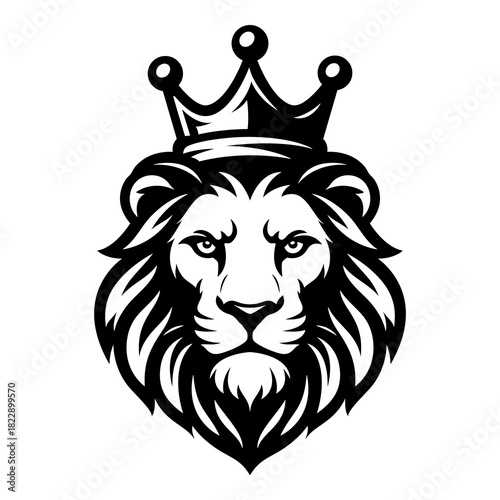 Majestic crowned lion head emblem in bold black-and-white style — powerful royal mascot illustration for logos, apparel, badges, sports and branding