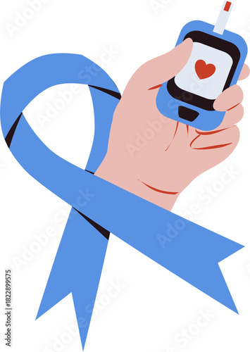 Diabetes test illustration. Checking blood sugar level with glucometer. World Diabetes Day.