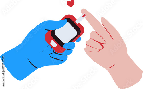 Diabetes test illustration. Checking blood sugar level with glucometer. World Diabetes Day.
