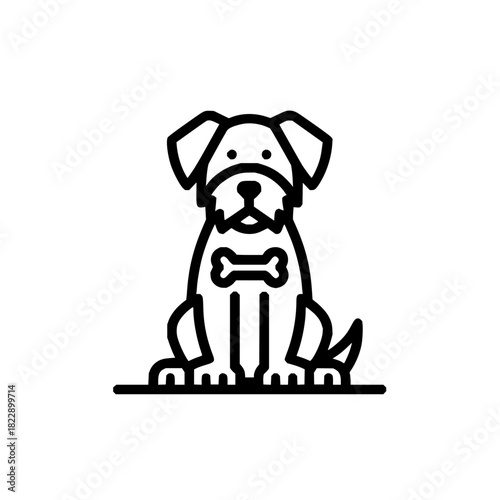 A simple line drawing of a dog sitting with a bone symbol on its chest and a short tail sticking out