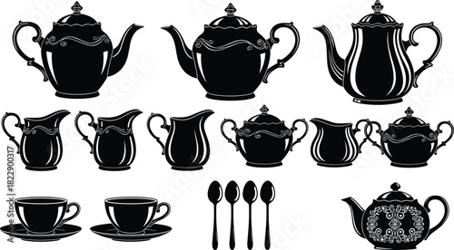 Black silhouette tea set icons, vintage teapots, cups, saucers, spoons, milk jugs, sugar bowls, elegant tableware, decorative design