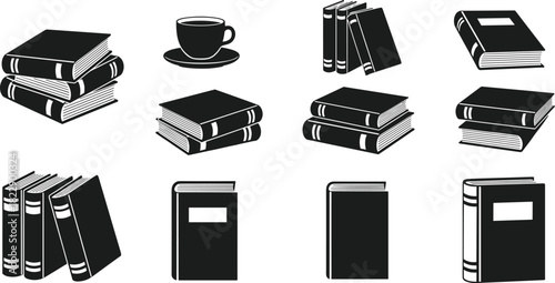 Book silhouette collection, stacked books illustration set, reading and study icons, library education graphics, black and white vector book designs