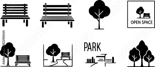 vector set of Park Icon Set. garden park minimalist with chair and tree, Open space black glyph icon. Public park with bench to sit. forest and bench vector icons