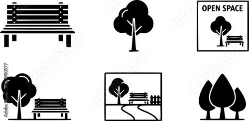 vector set of Park Icon Set. garden park minimalist with chair and tree, Open space black glyph icon. Public park with bench to sit. forest and bench vector icons